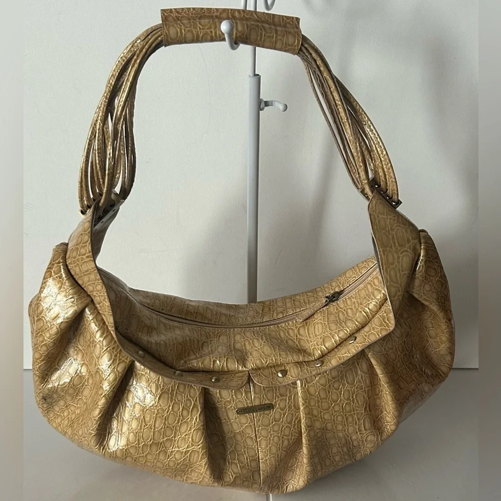 Charlie Lapson Metallic Gold Croc Embossed Hobo Shoulder Bag